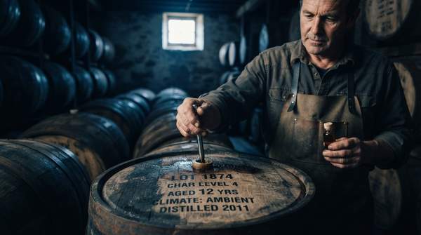 Editorial illustration for How Oak Aging Builds a Spirit's Flavor: Char, Barrel History, and Climate Explained