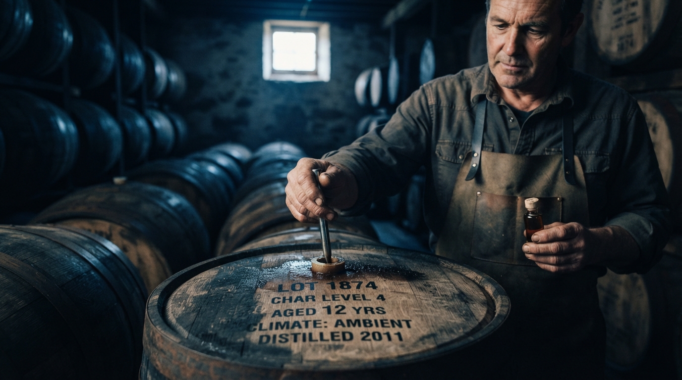 Editorial illustration for How Oak Aging Builds a Spirit's Flavor: Char, Barrel History, and Climate Explained